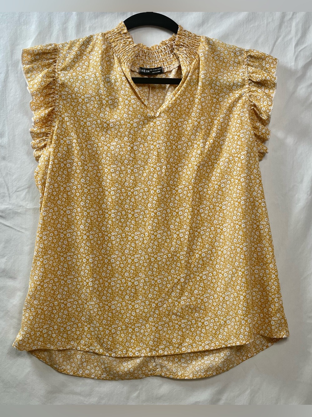 SHEIN Yellow large Floral Smocked V-Neck Ruffle Sleeve top blouse